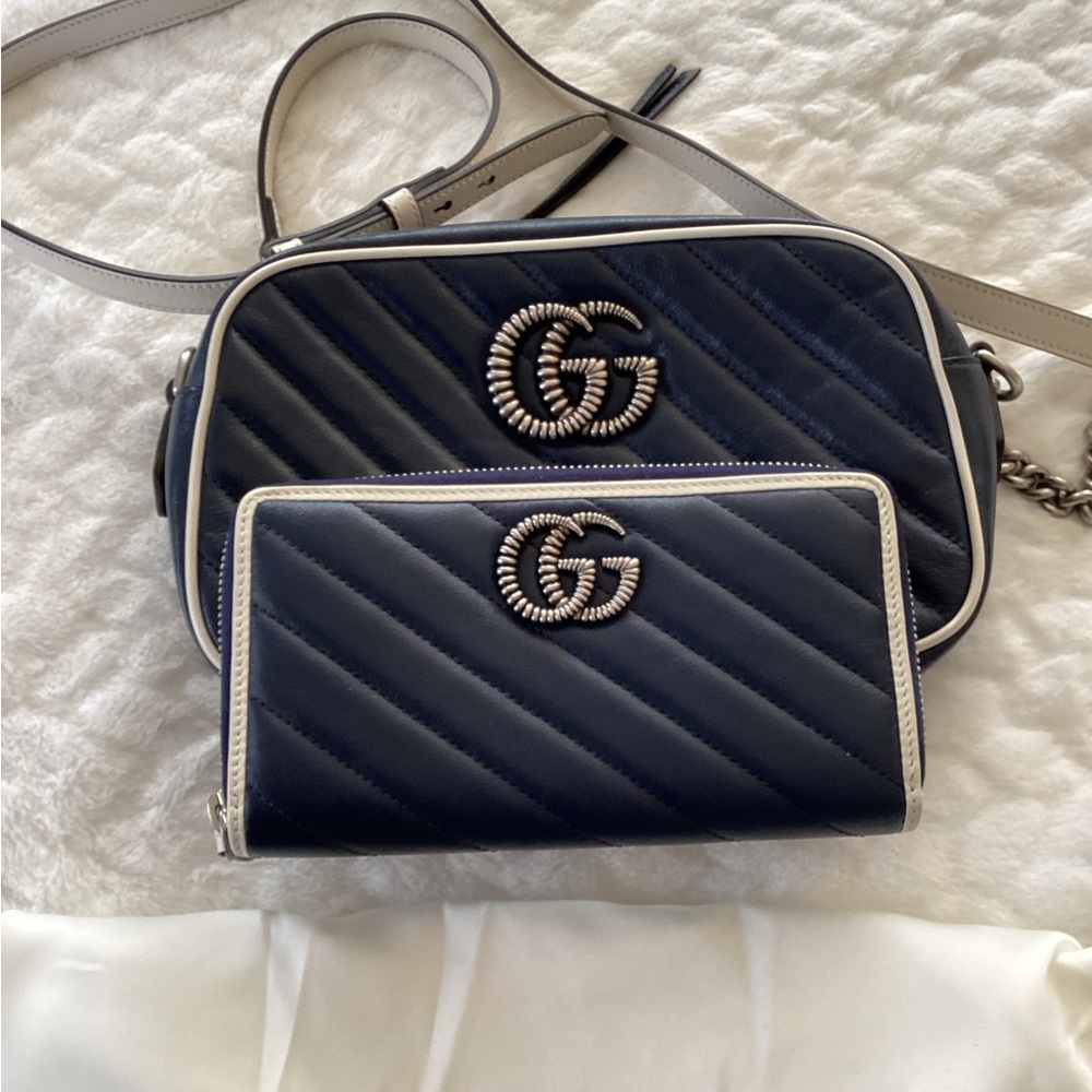 Gucci GG Marmont Camera Purse Navy leather Cross body bag and matching wallet - Picture 1 of 13